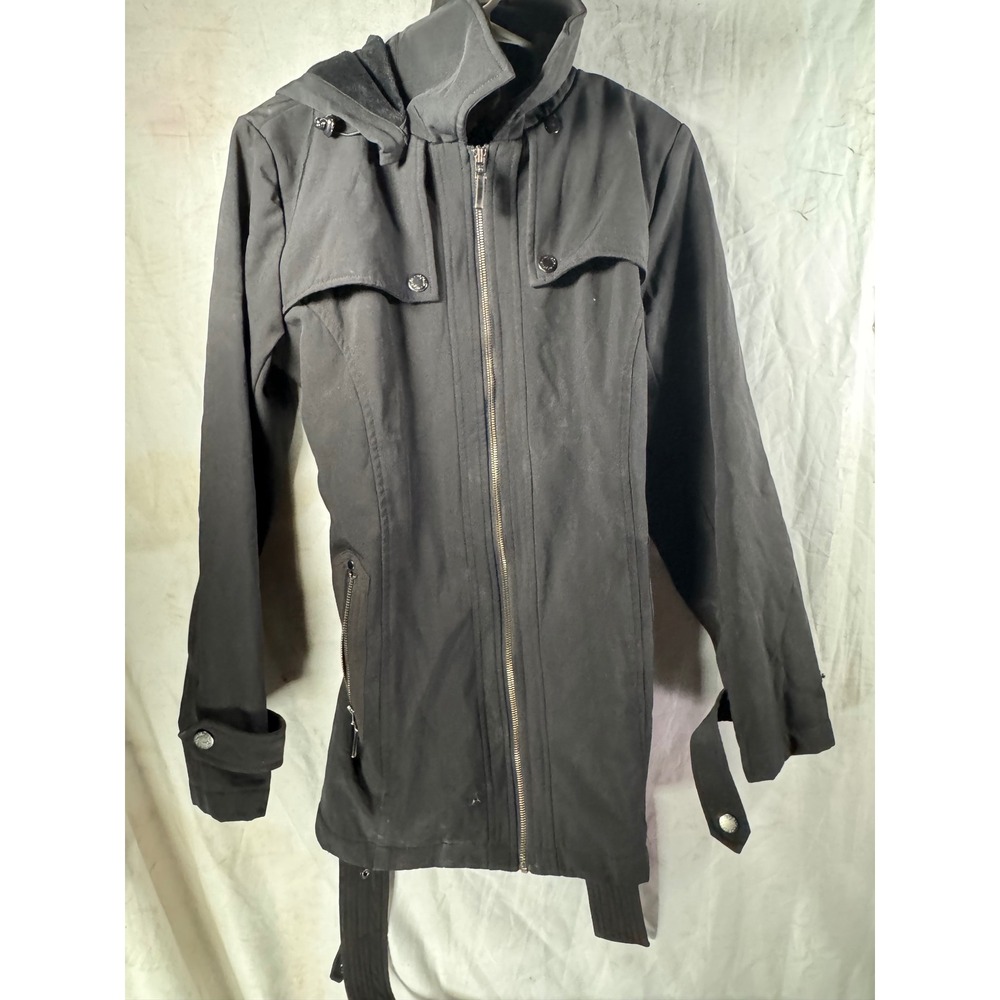 Neyelle Womens Black Hooded Utility Jacket Full Zip Mid Length Belted Coat